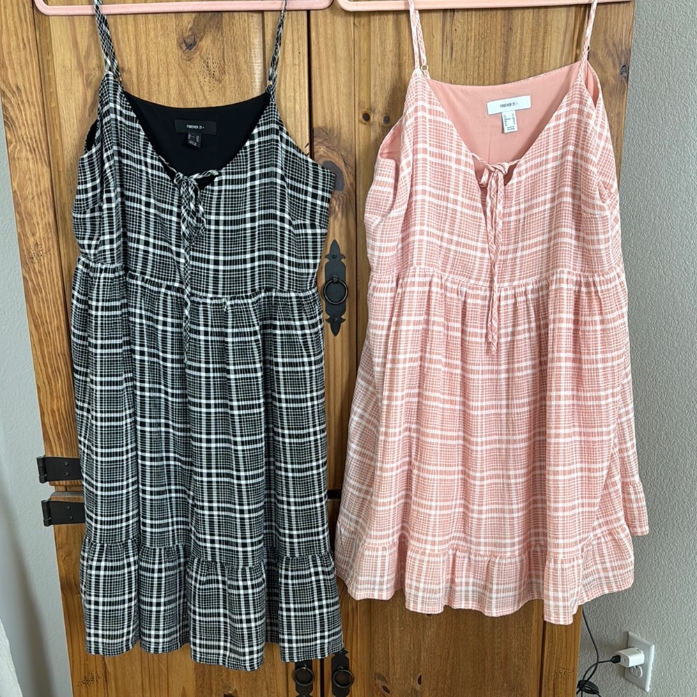Forever 21 Black and White & Pink and White Ruffled Tiered Sundress (2 dresses)